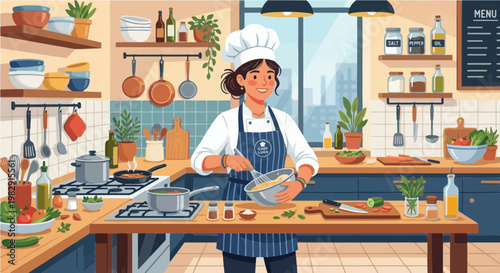 A young smiling woman wearing a chef hat works indoors at a kitchen table preparing food at home