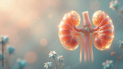 Anatomically Detailed Human Kidneys with Ureters Isolated Against a Soft Bokeh Background for Medical Illustration and Educational Use