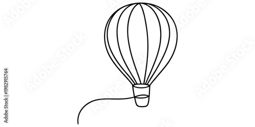 Minimalist one line art drawing of a hot air balloon floating with a simple basket design