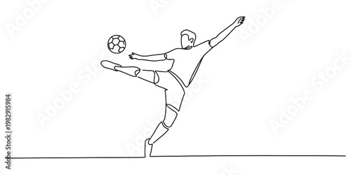 Single line drawing of a soccer player performing a powerful bicycle kick in the air.