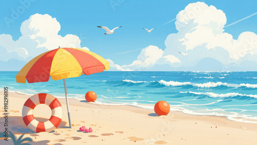 Beach Scene with Colorful Umbrella and Lifebuoy on Sandy Shore