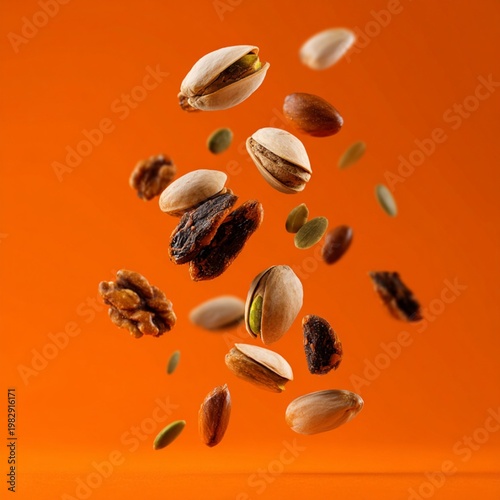 Pistachios, walnuts, and raisins. Dried fruits, levitating in the center of the image against an orange background. ( PISTACIUM, NUCIS, UVAE PASSAE)