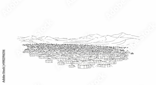 A vast encampment of tents spread across a plain with rolling hills in the background