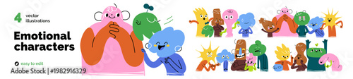 Cute funny characters groups with different emotions, face expressions. Positive and negative feelings, good and bad, happy and sad mood. Colored flat vector illustrations isolated on white background