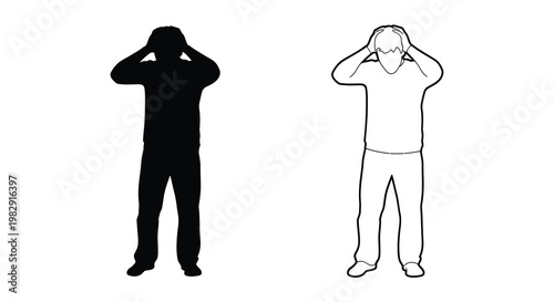 Two depictions of a person covering their ears one solid black one white outline