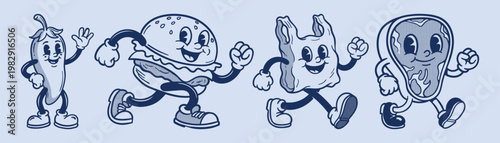 Tableau sur toile Vector illustration collection pack set of retro groovy cartoon character