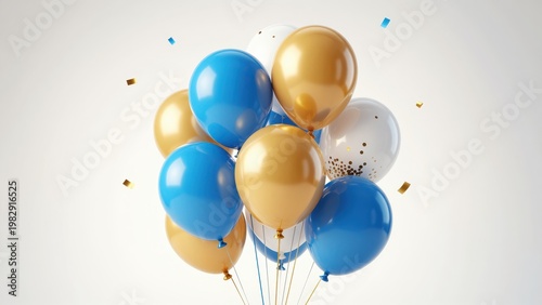 Blue and Gold Metallic Balloons with Confetti Isolated on White Background for Celebration, Party, Birthday or Event Decoration Concept.