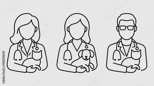 Three medical professionals with pets a line art illustration of doctors and their animal companions