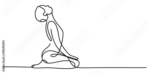 Continuous line drawing of a woman in a kneeling yoga pose stretching her body backwards