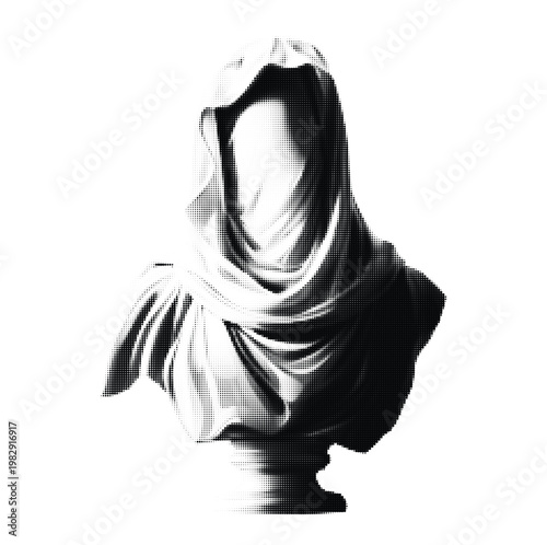 Halftone art bust sculpture of a shrouded woman antique statue vector graphic for classic aesthetics vintage design elements that make sells