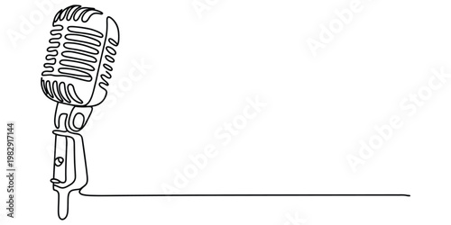Continuous line drawing of a classic vintage microphone in a minimalist artistic style