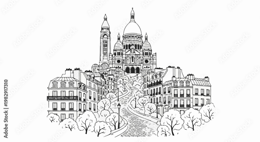 Obraz premium Sketch of Sacré-Cœur Basilica and Montmartre neighborhood in Paris, France