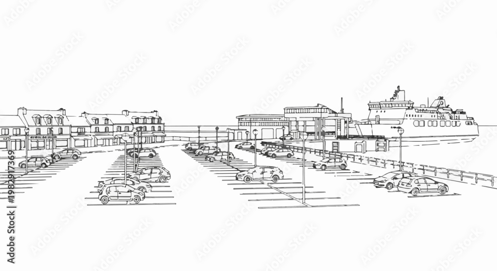 Fototapeta premium Sketch of a coastal town with a ferry docked at a pier, lined with parked cars