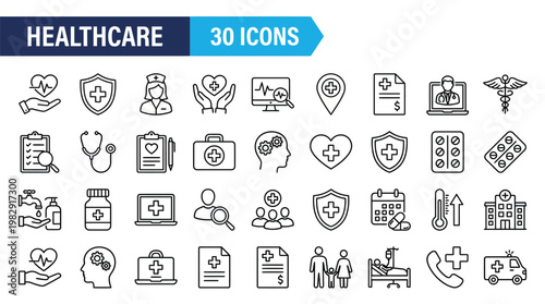 Healthcare icons set a comprehensive collection of 30 medical and health related line icons