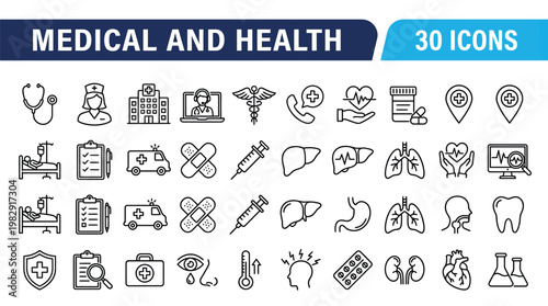 Medical and health icons collection a comprehensive set of 30 line art symbols