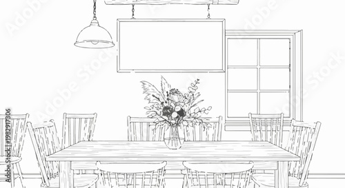 Sketch of a dining room with a table, chairs, and floral arrangement