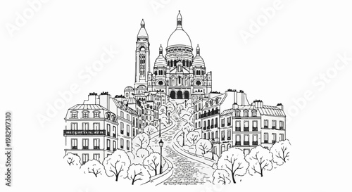 Sketch of Sacré-Cœur Basilica and Montmartre neighborhood in Paris, France