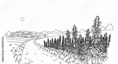 Rural landscape with a winding road leading to a village and a field of tall plants
