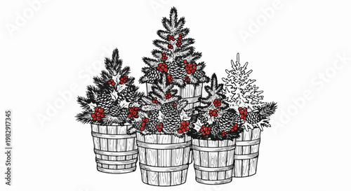 Rustic wooden barrels overflow with festive pine trees, cones, and red berries