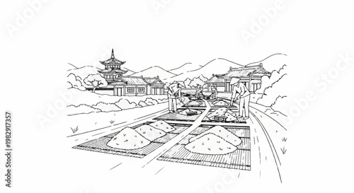 Rural scene with people working on salt flats near traditional buildings and mountains