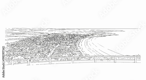 Sketch of a coastal town with a bay, buildings, and a railing