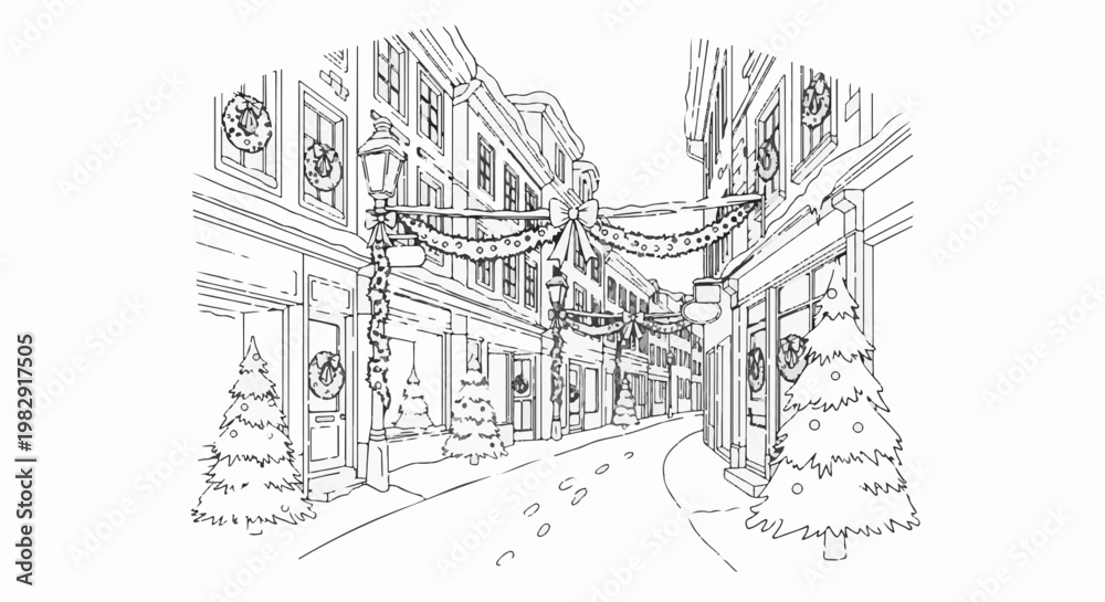 Obraz premium Snowy street lined with shops decorated for Christmas