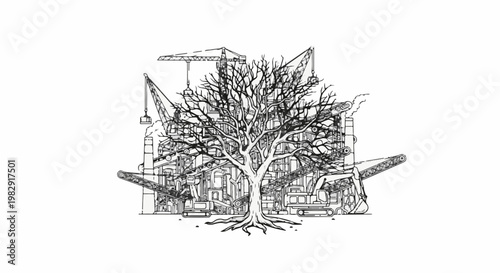 Stark tree stands amidst industrial construction, with cranes and excavators