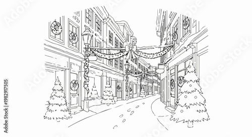 Snowy street lined with shops decorated for Christmas