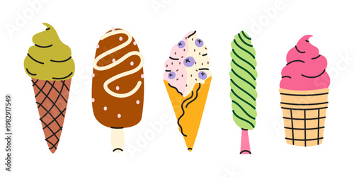 Various ice cream set in cartoon groovy style. Gelato, waffle cones, cups and popsicles with different toppings. Hand drawn summer sweet food collection. Vector illustration