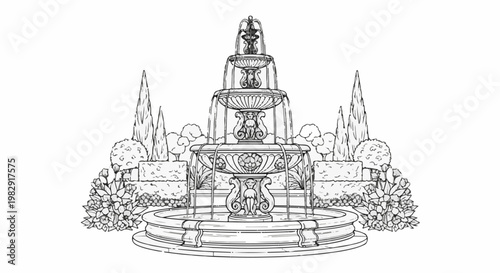 Ornate multi-tiered fountain with water cascading down, surrounded by lush landscaping