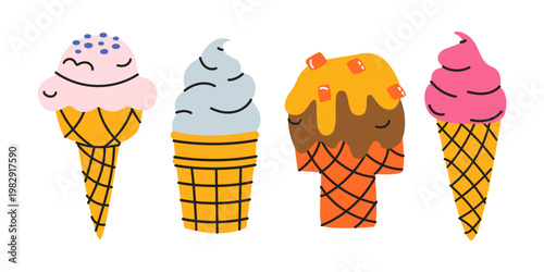 Various ice cream set in cartoon groovy style. Gelato, waffle cones, cups and popsicles with different toppings. Hand drawn summer sweet food collection. Vector illustration
