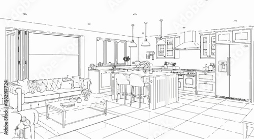 Open concept living and kitchen area with island, sofa, and appliances