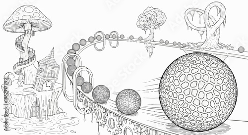 Whimsical surreal landscape with fantastical elements like mushroom, gears, and spheres