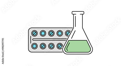 Simple line illustration of a medicine capsule pack and a conical flask with green liquid on a white background.
