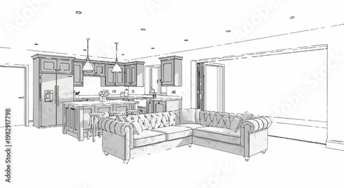 Modern sectional sofa in an open-plan kitchen-living area sketch