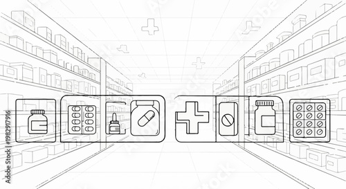 Interior of a pharmacy aisle with shelves stocked with various medical items