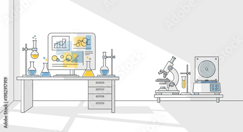 Line drawing of a laboratory workspace with a computer, microscope, and various scientific equipment on a table against a white background with gray shadows.