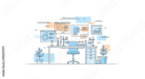 A modern home office setup with a desk, chair, computer, and various decorative elements in a calming blue and orange color scheme.