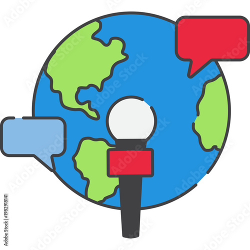 Global News Broadcasting Icon with World Map and Microphone
