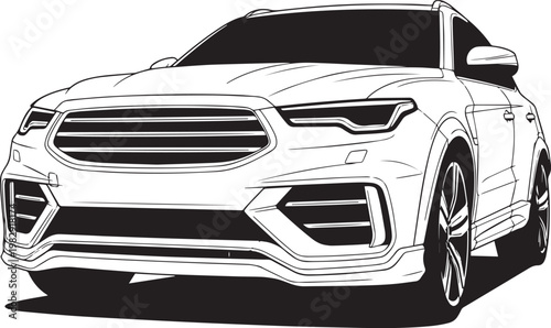 Modern SUV vector illustration, black and white line art of a luxury crossover vehicle, sleek automotive design for car detailing and dealership branding
