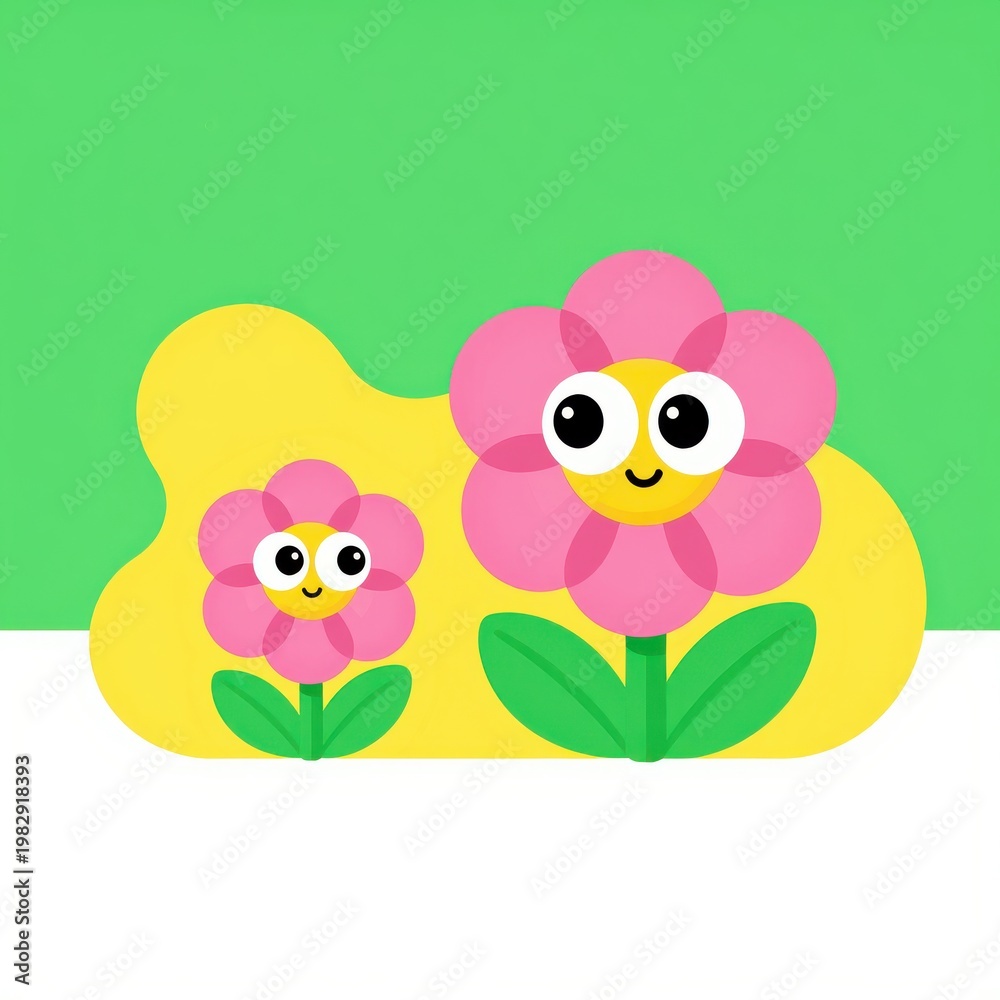 Obraz premium Cute Cartoon Flowers with Big Eyes Smiling on Yellow and Green Background Vector Illustration Isolated Flat Design
