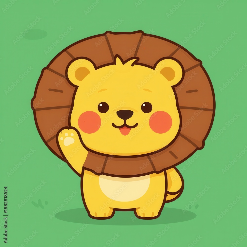 Fototapeta premium Cute Cartoon Lion Cub Waving Hello in Friendly Greeting Pose with Big Mane and Rosy Cheeks on Solid Green Background