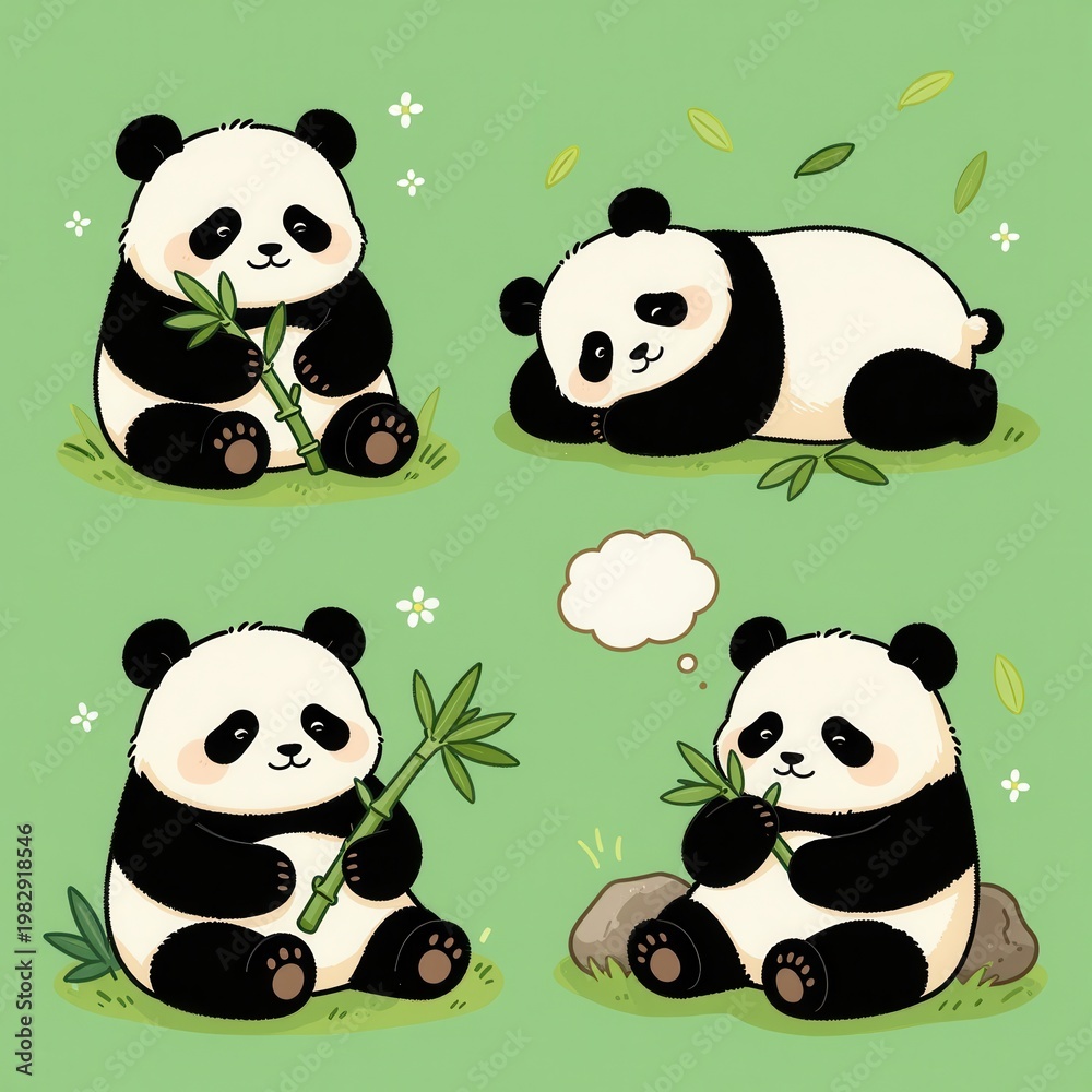 Fototapeta premium Cute Cartoon Panda Bear Collection in Different Poses Eating Bamboo Leaves Isolated on Green Background for Web Design and Illustration