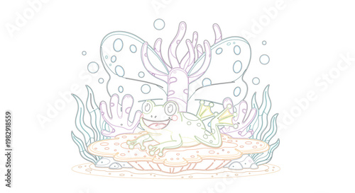 Whimsical cartoon underwater scene with a happy frog and a unique butterfly-shaped coral, perfect for children's vector illustrations.