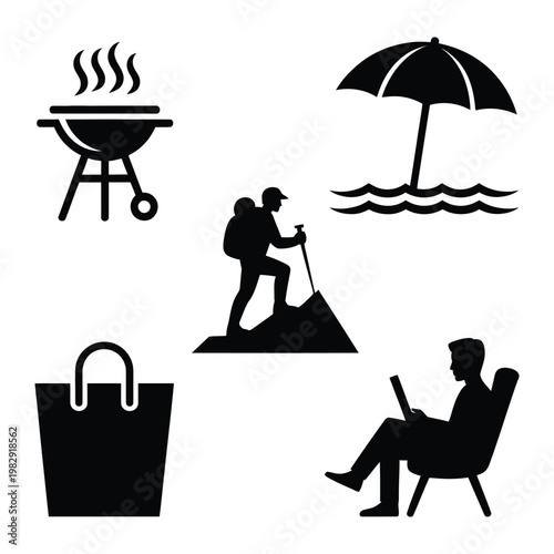 Ultimate Summer Vacation and Outdoor Activity Silhouettes - Adventure Hiking and Beach Relaxation Icons - BBQ Grill and Leisure Lifestyle Symbols - Minimalist Travel Experience Vector Set.