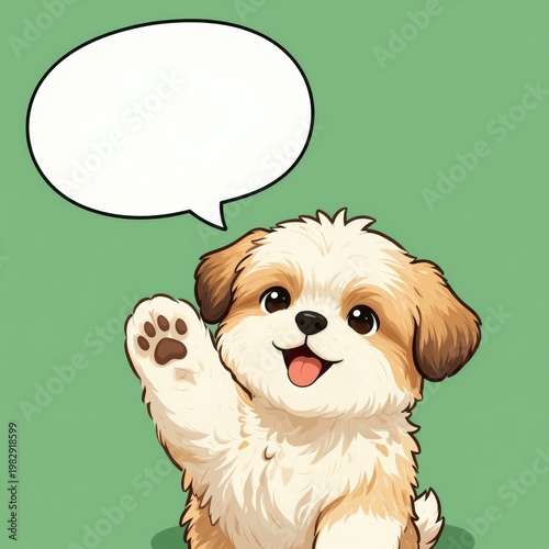 Cute Cartoon Puppy Dog Waving Paw with Speech Bubble Isolated on Green Background for Greeting or Communication Concept Illustration