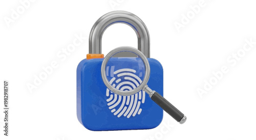 Vector illustration of 3d illustration of a blue padlock with a fingerprint icon and a magnifying glass on a transparent background