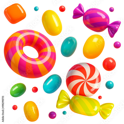 Colorful Assorted Candy Collection Isolated on White Background with Glossy Sweets and Jelly Shapes