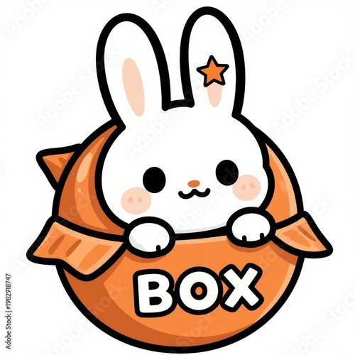 Cute Cartoon White Rabbit Peeking Out of an Orange Box with Bold Text Reading Box Isolated on White Background