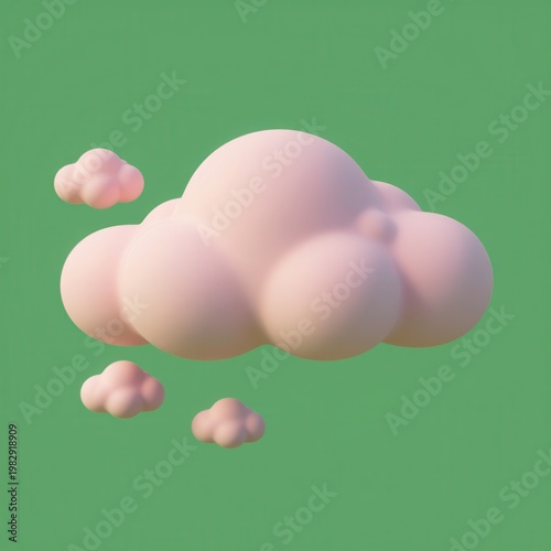 Cute Pink 3D Clouds Floating Against a Solid Green Background, Ideal for App Icons, UI Elements, or Creative Web Design with a Soft, Rounded, and Playful Aesthetic.